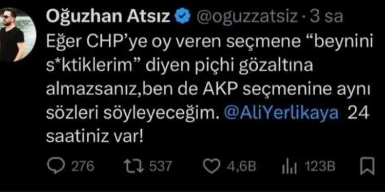 X kullanıcısı Oğuzhan Atsız dan Cumhurbaşkanı ve Seçmenine küfür